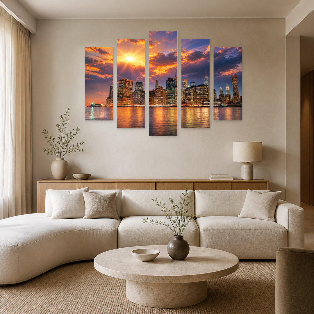 Manhattan at Sunset, New York with Dreamlike Atmosphere — five-panel wall art in frontal interior | 5wallart 51117 M3