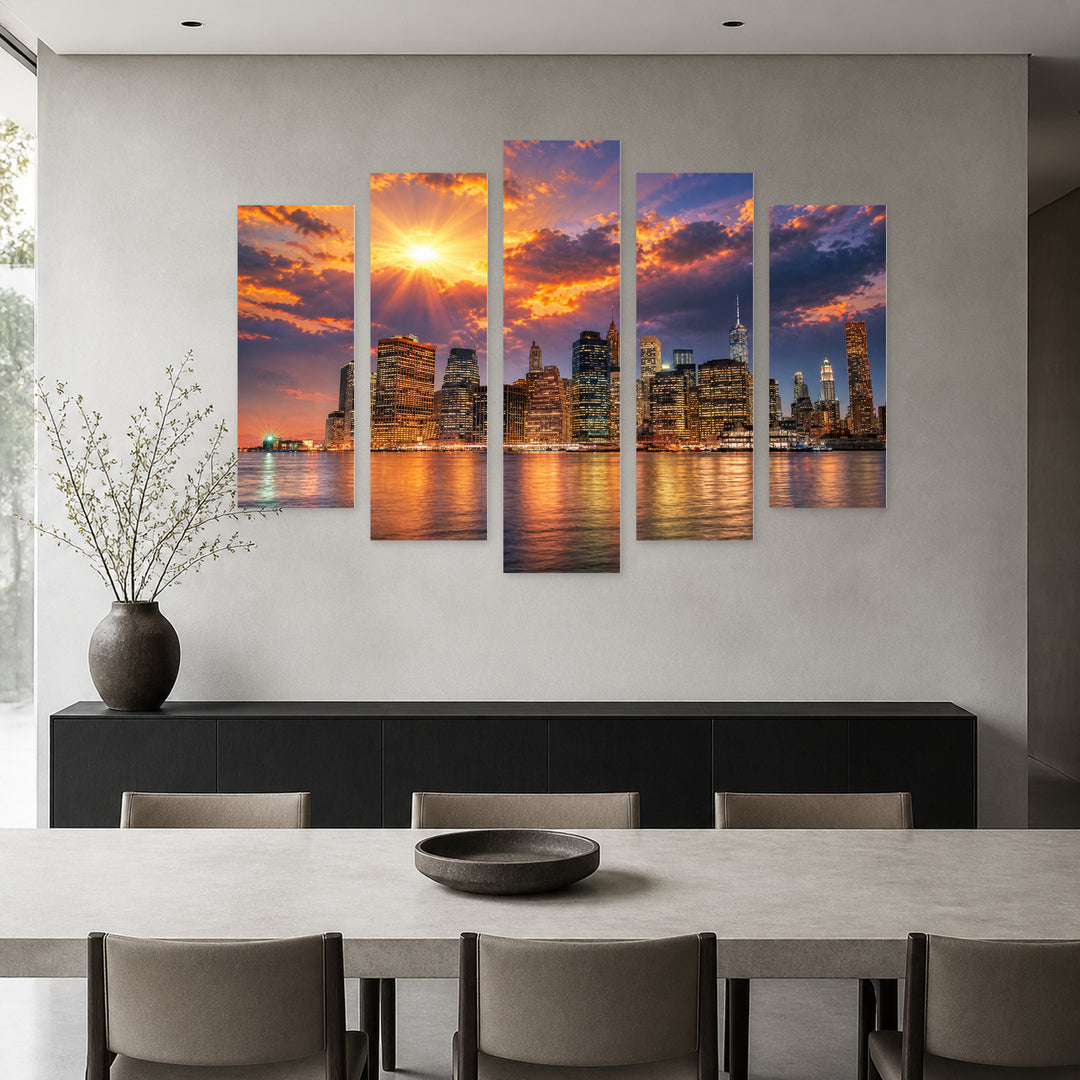 Manhattan at Sunset, New York with Dreamlike Atmosphere — five-panel wall art in alternate frontal interior | 5wallart 51117 M4