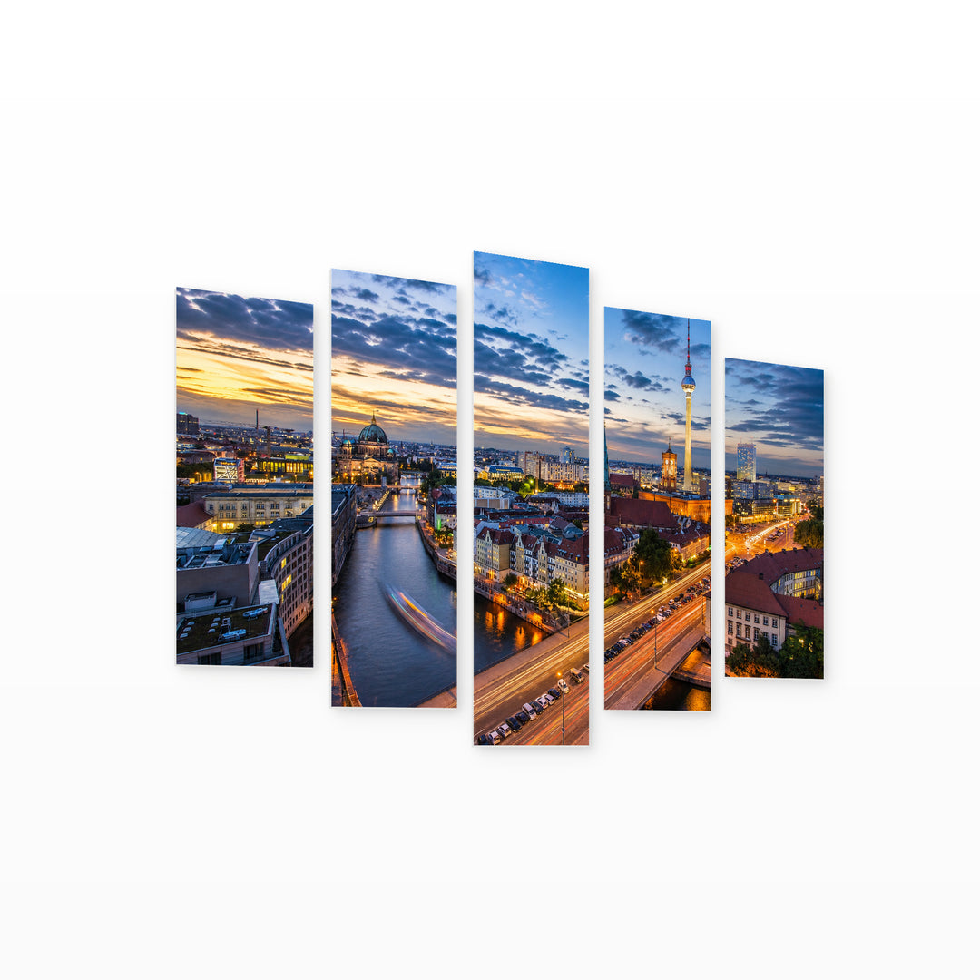 Berlin, Germany Urban Panorama — five-panel wall art on white background in perspective | 5wallart 51119 M1