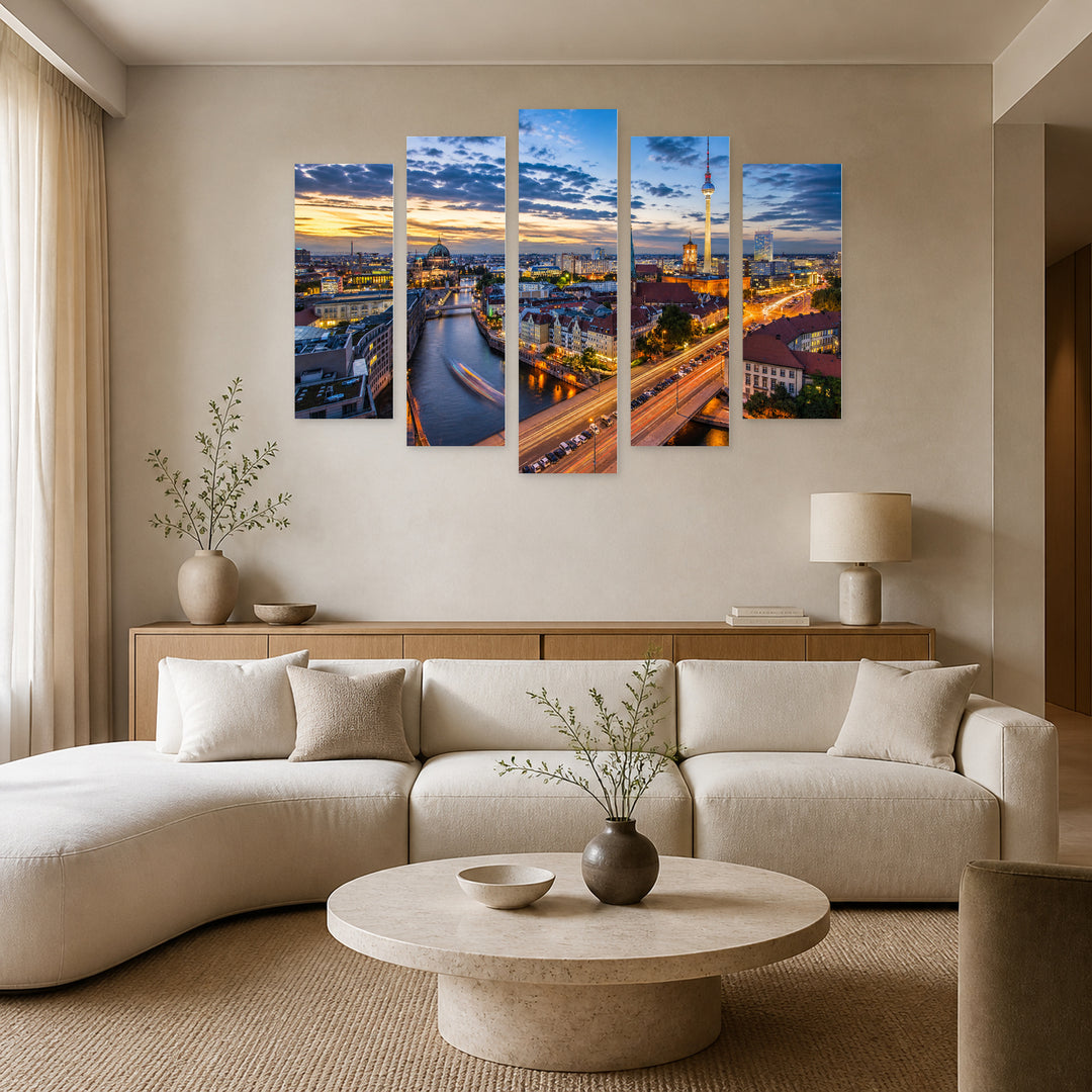 Berlin, Germany Urban Panorama — five-panel wall art in frontal interior | 5wallart 51119 M3