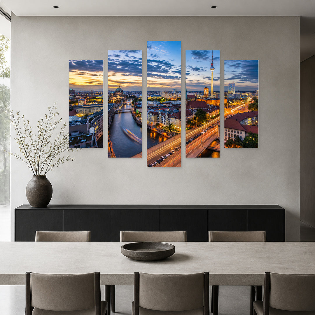 Berlin, Germany Urban Panorama — five-panel wall art in alternate frontal interior | 5wallart 51119 M4