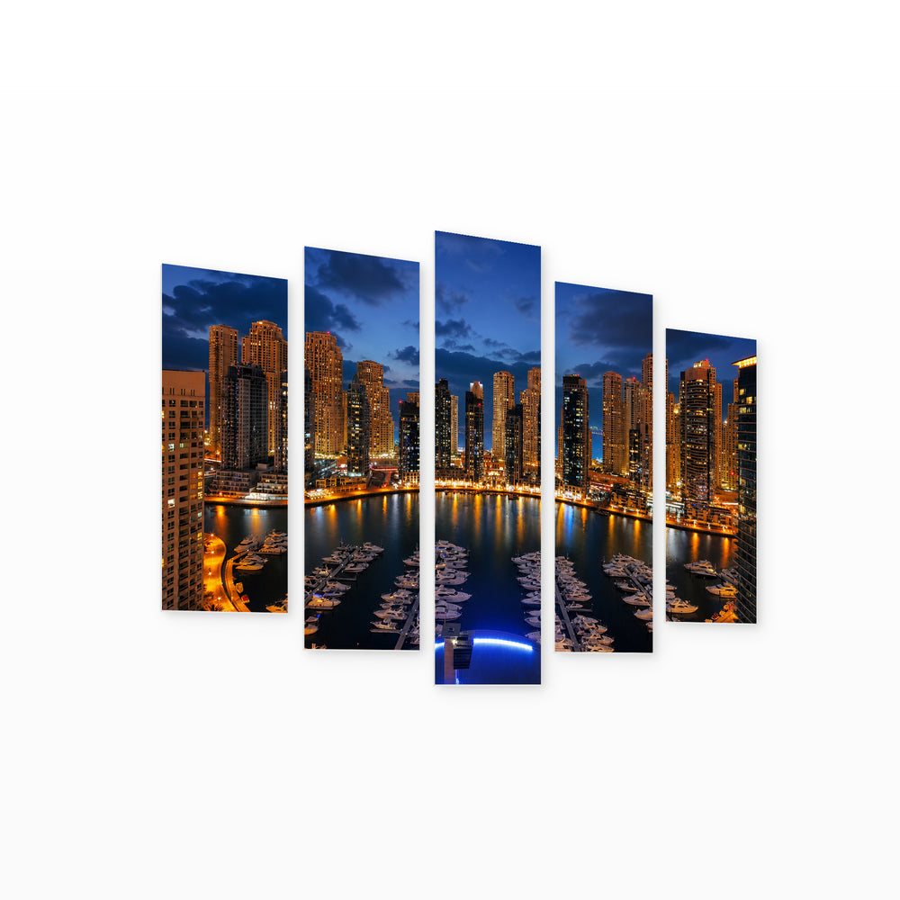 Dubai View from the Harbor at Golden Sunset — five-panel wall art on white background in perspective | 5wallart 51122 M1