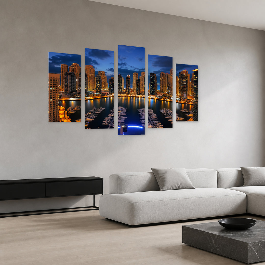 Dubai View from the Harbor at Golden Sunset — five-panel wall art in perspective interior | 5wallart 51122 M2