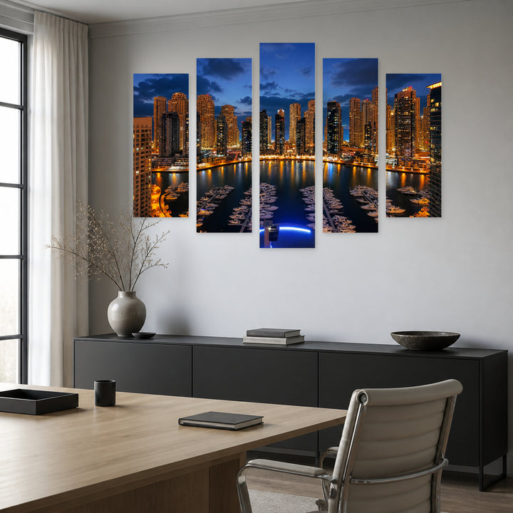 Dubai View from the Harbor at Golden Sunset — five-panel wall art in frontal interior | 5wallart 51122 M3