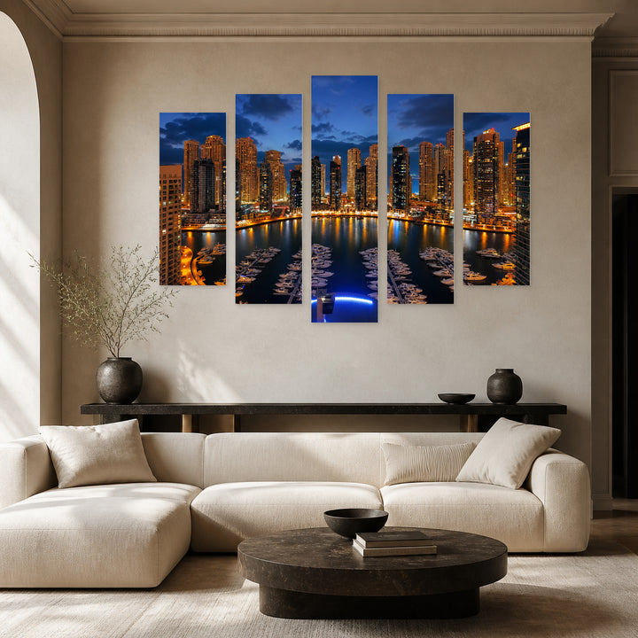 Dubai View from the Harbor at Golden Sunset — five-panel wall art in alternate frontal interior | 5wallart 51122 M4