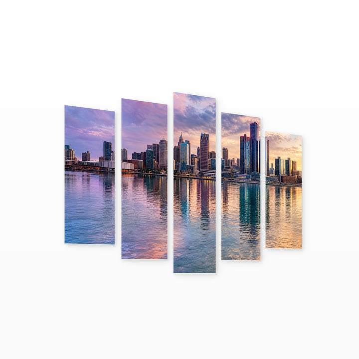 Detroit Painted with Watercolors with Dreamlike Atmosphere — five-panel wall art on white background in perspective | 5wallart 51123 M1