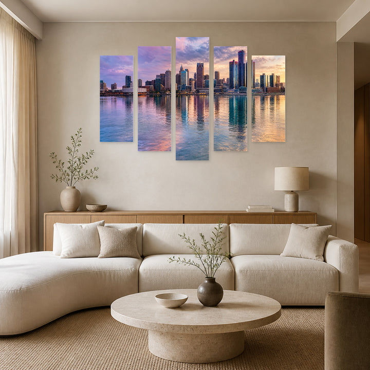 Detroit Painted with Watercolors with Dreamlike Atmosphere — five-panel wall art in frontal interior | 5wallart 51123 M3
