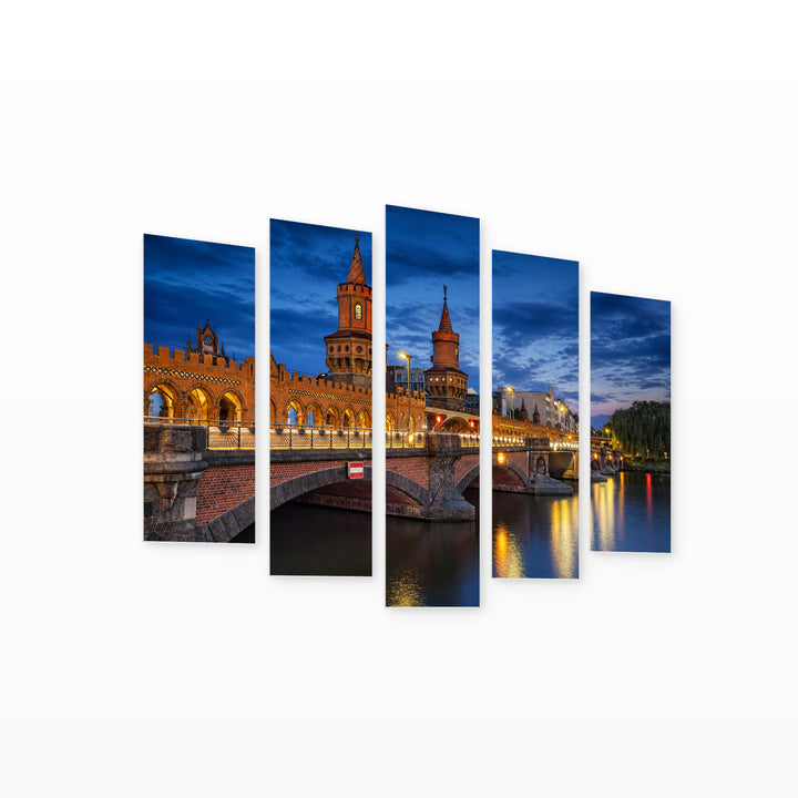 Oberbaum Bridge, Berlin at Night — five-panel wall art on white background in perspective | 5wallart 51125 M1