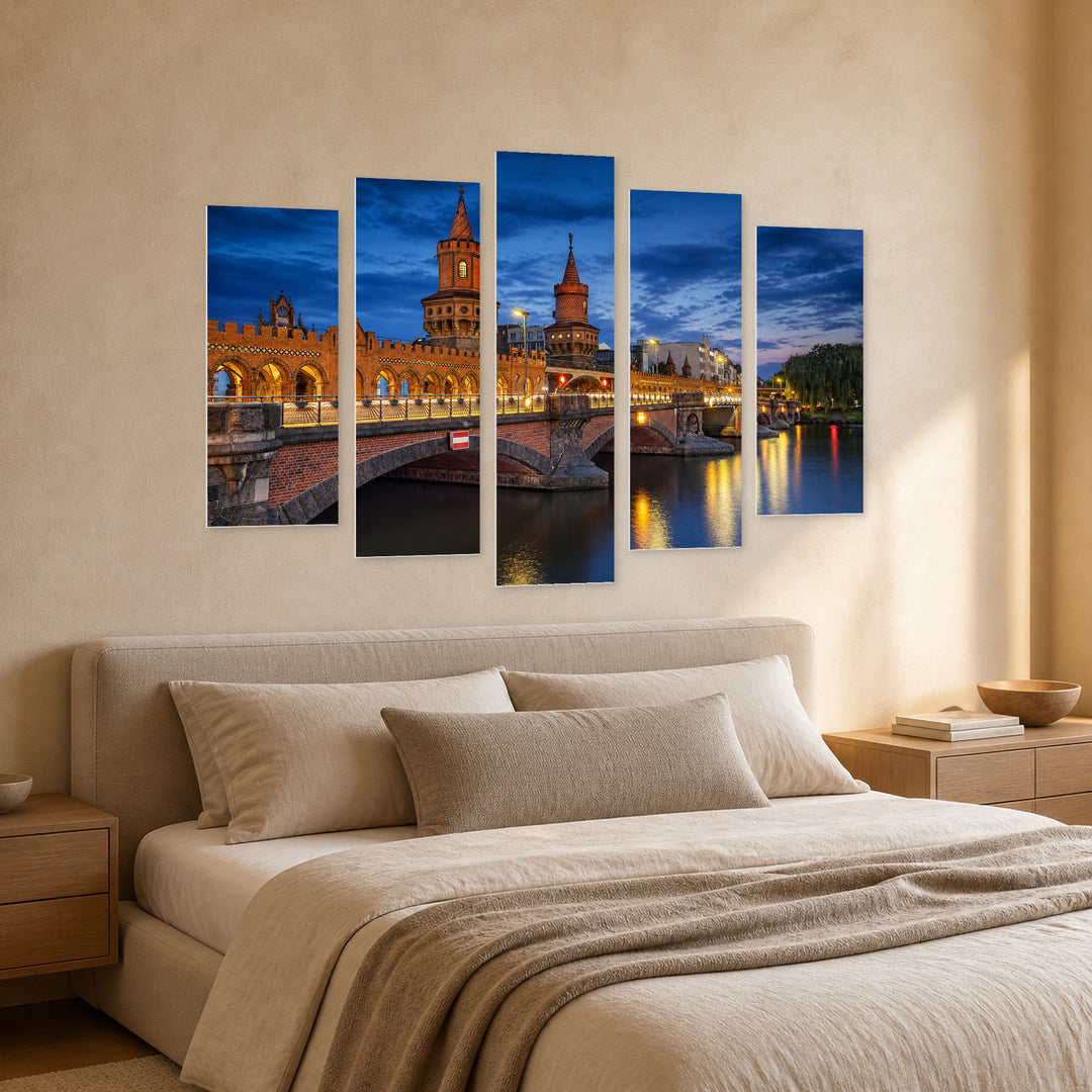 Oberbaum Bridge, Berlin at Night — five-panel wall art in perspective interior | 5wallart 51125 M2