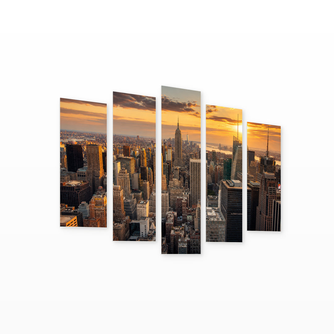 Golden Sunset over Panoramic View of New York — five-panel wall art on white background in perspective | 5wallart 51126 M1