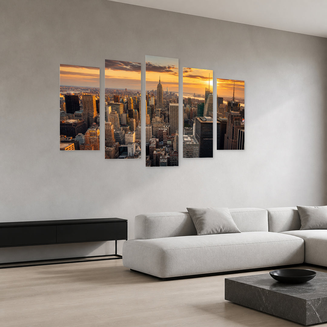 Golden Sunset over Panoramic View of New York — five-panel wall art in perspective interior | 5wallart 51126 M2