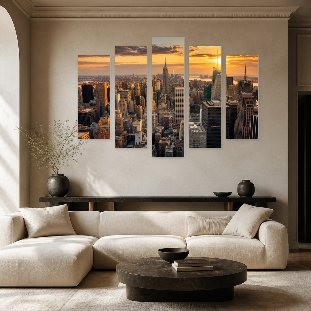 Golden Sunset over Panoramic View of New York — five-panel wall art in alternate frontal interior | 5wallart 51126 M4