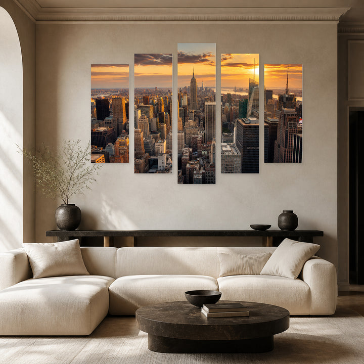 Golden Sunset over Panoramic View of New York — five-panel wall art in alternate frontal interior | 5wallart 51126 M4