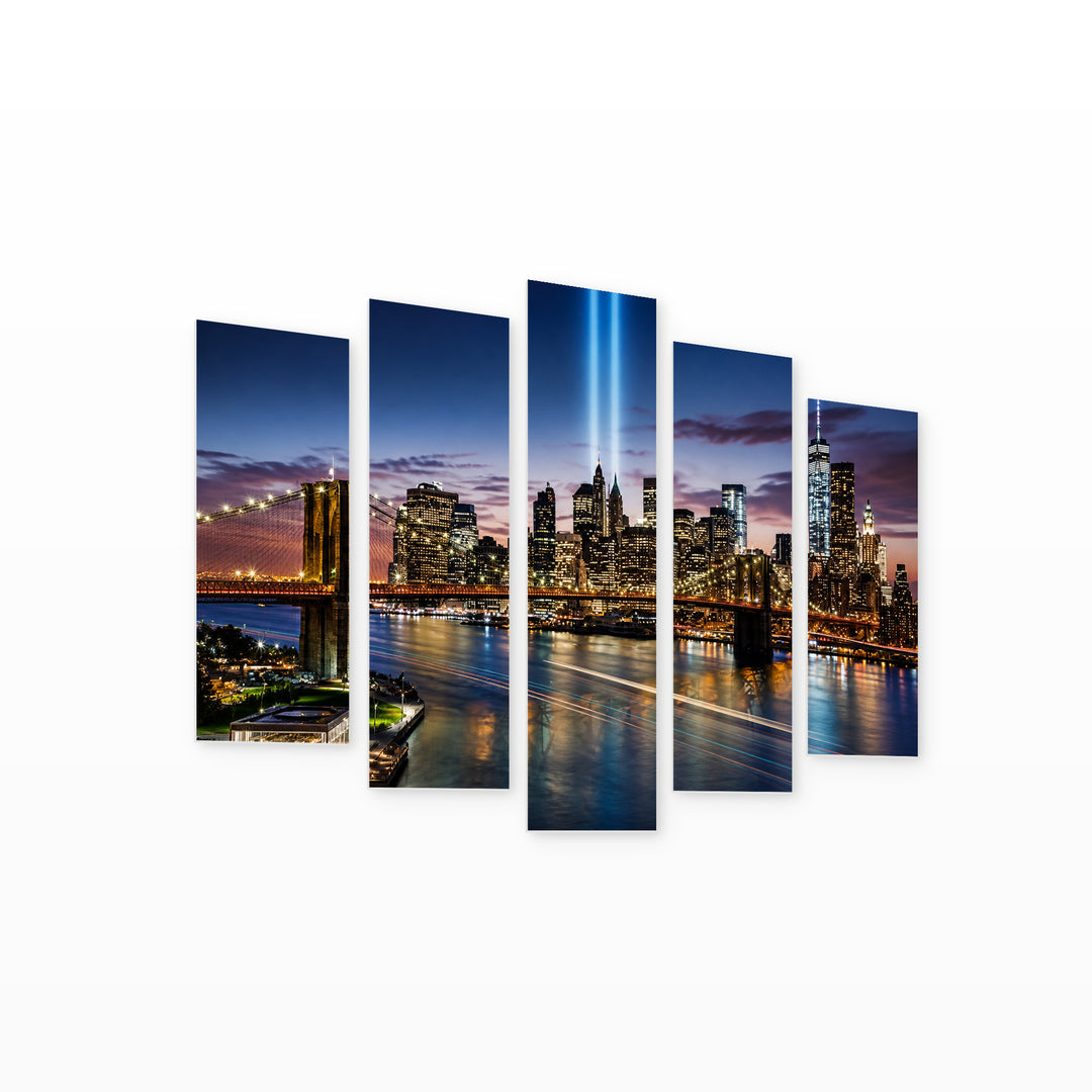 New York at Night — five-panel wall art on white background in perspective | 5wallart 51129 M1