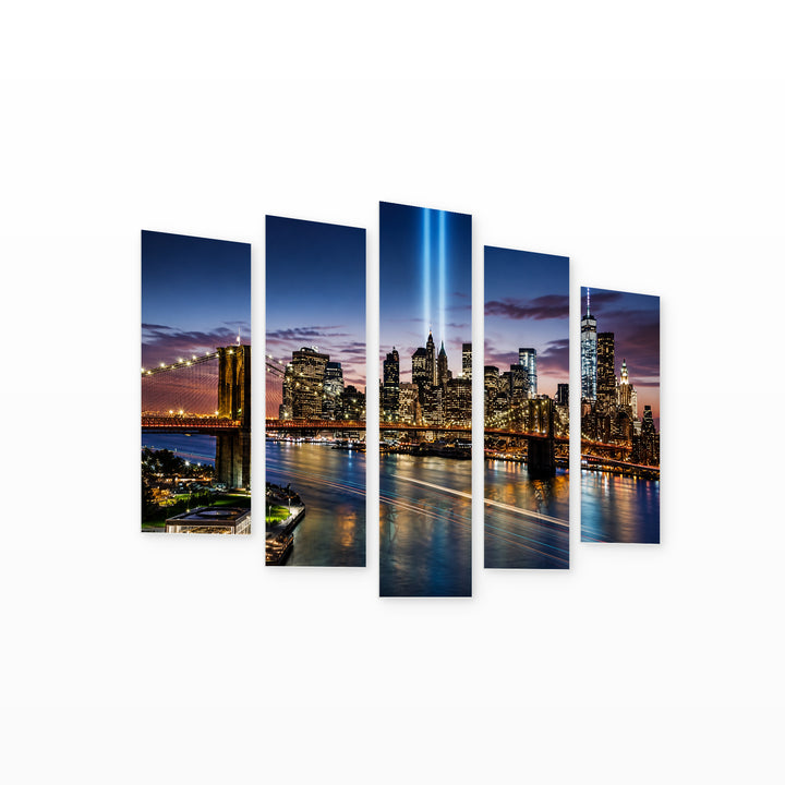 New York at Night — five-panel wall art on white background in perspective | 5wallart 51129 M1