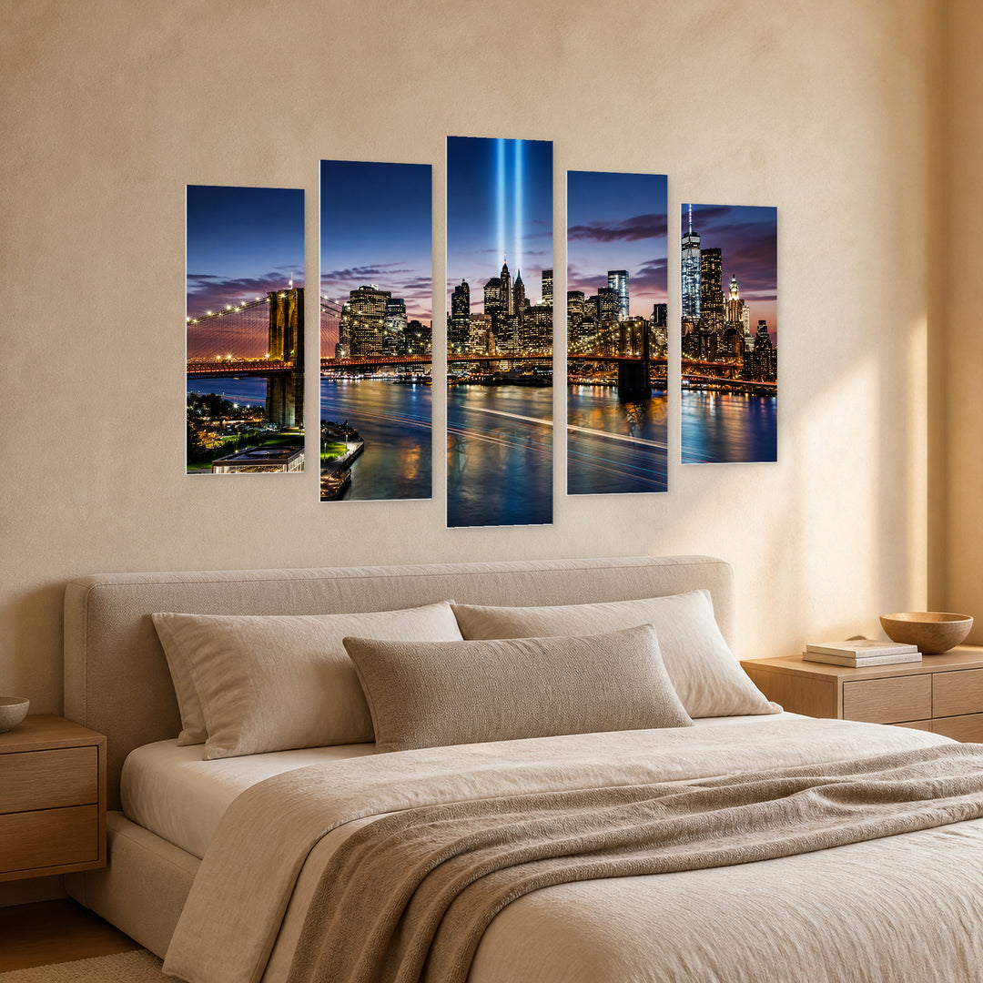 New York at Night — five-panel wall art in perspective interior | 5wallart 51129 M2