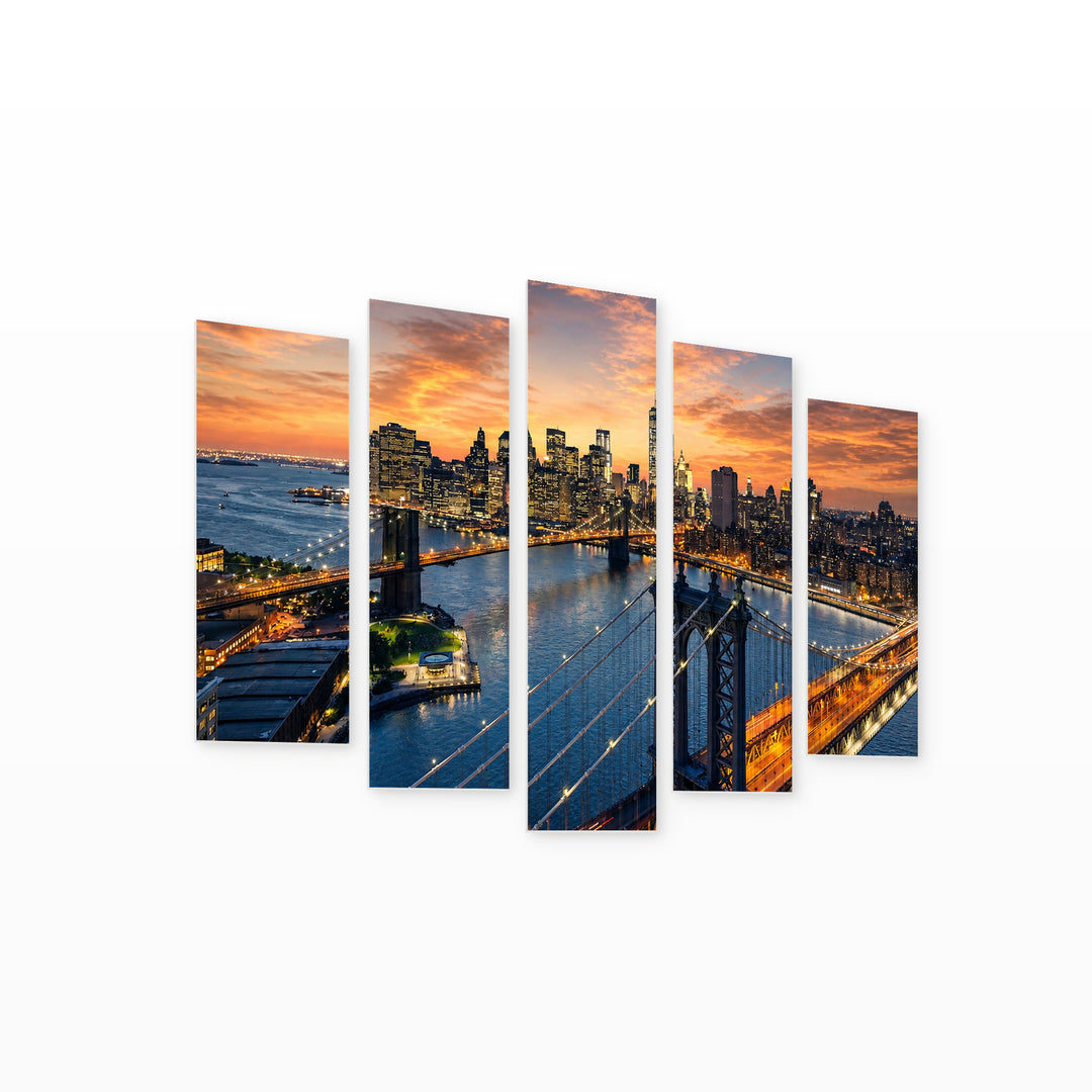 Sunset, New York — five-panel wall art on white background in perspective | 5wallart 51131 M1