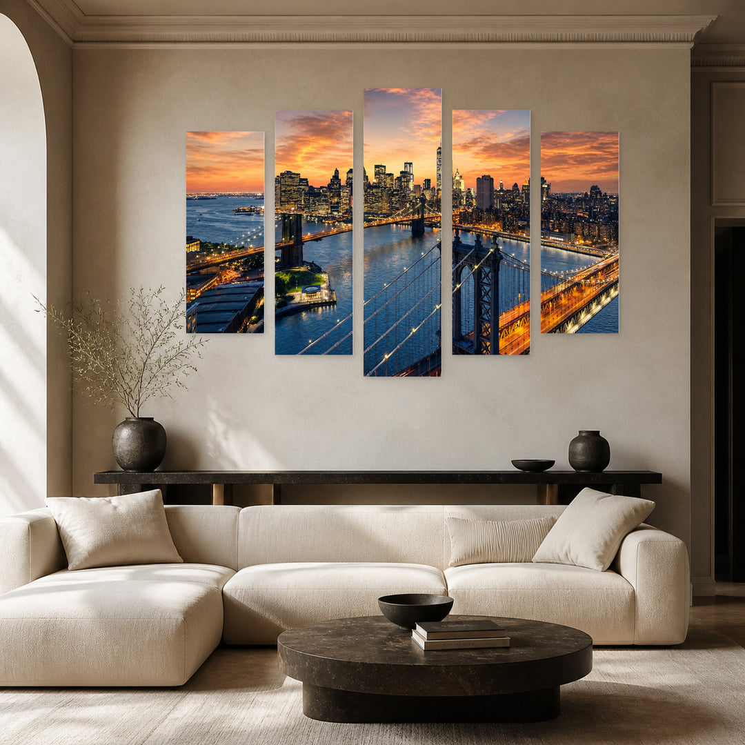 Sunset, New York — five-panel wall art in frontal interior | 5wallart 51131 M3