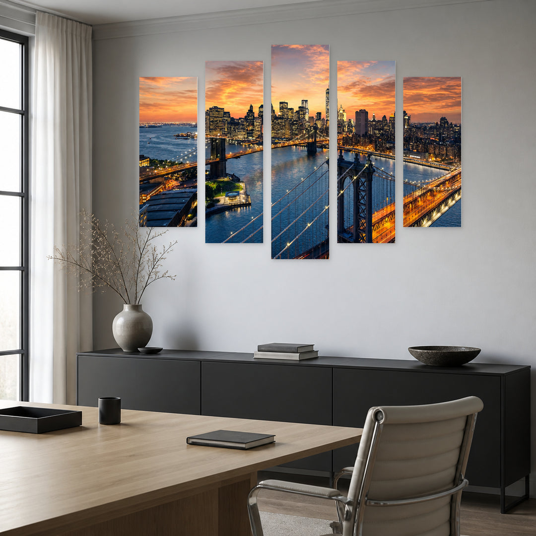 Sunset, New York — five-panel wall art in alternate frontal interior | 5wallart 51131 M4