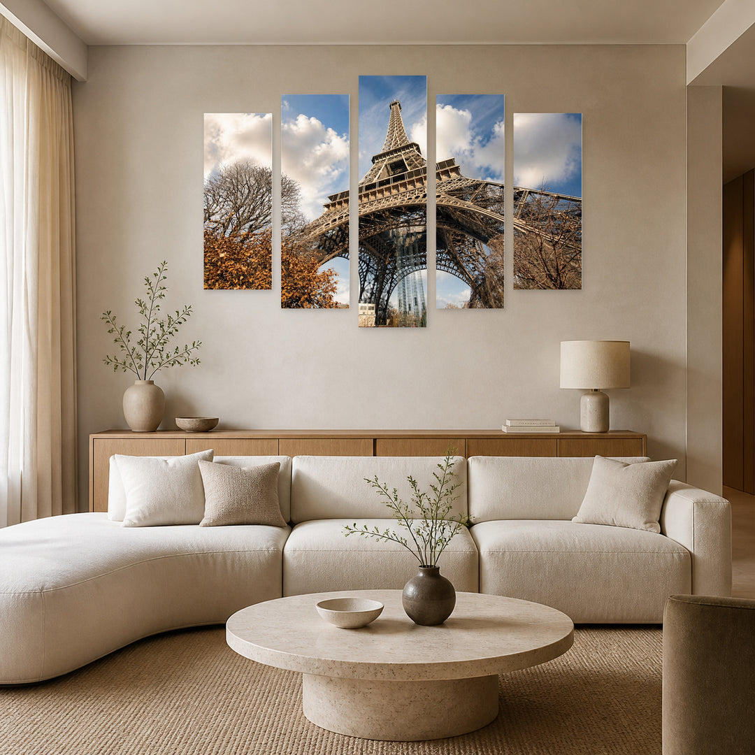 Street View of the Eiffel Tower Urban Panorama — five-panel wall art in alternate frontal interior | 5wallart 51138 M4
