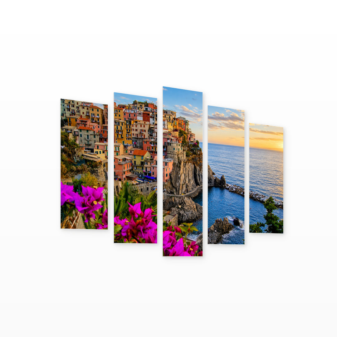 Manarola, Italy in Blue and Gold — five-panel wall art on white background in perspective | 5wallart 51146 M1