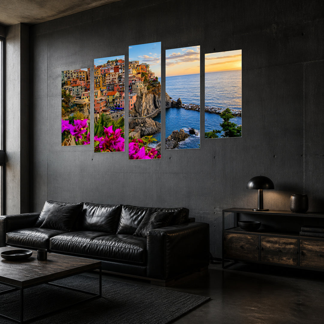 Manarola, Italy in Blue and Gold — five-panel wall art in perspective interior | 5wallart 51146 M2
