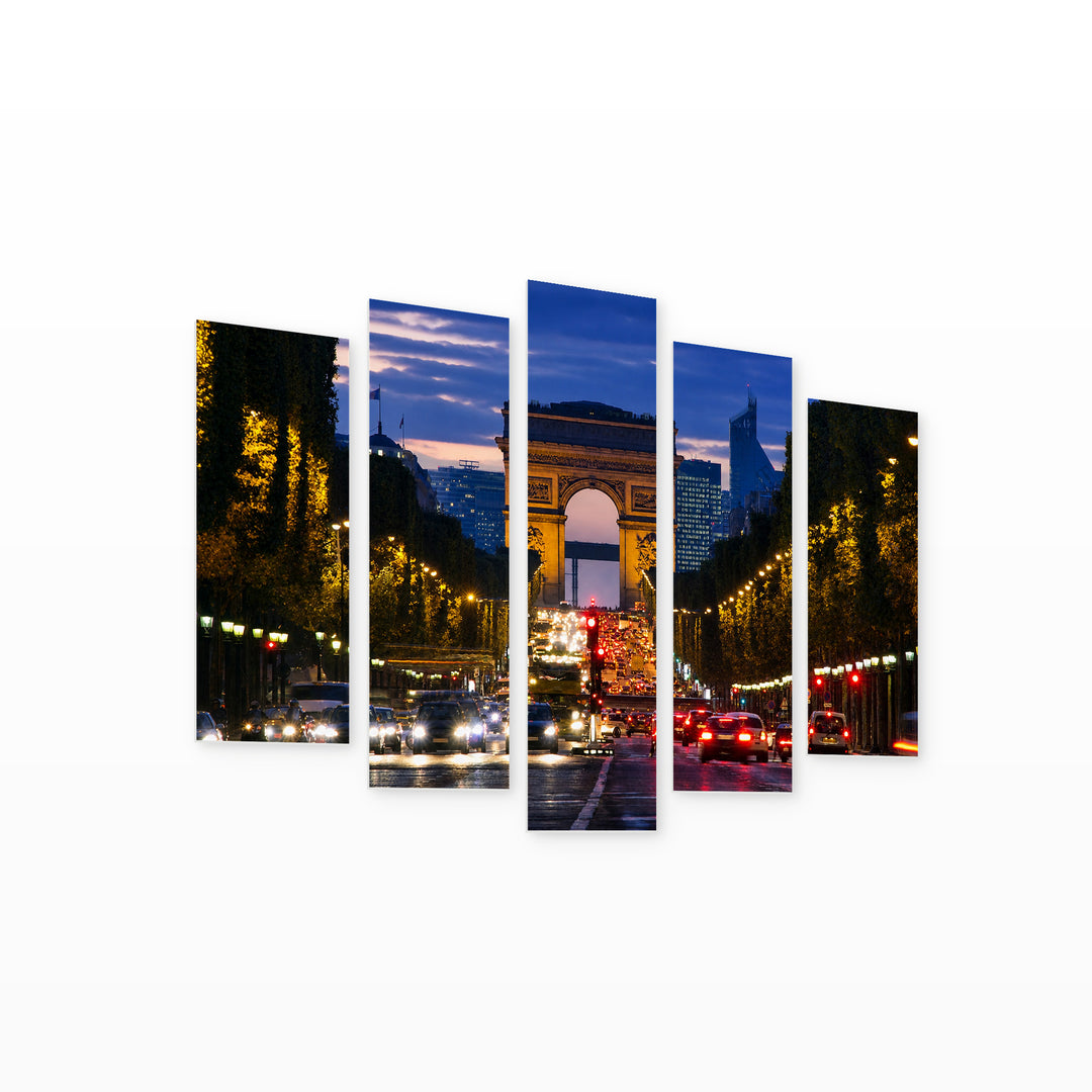 Champs-élysées, Paris in Blue and Gold — five-panel wall art on white background in perspective | 5wallart 51151 M1