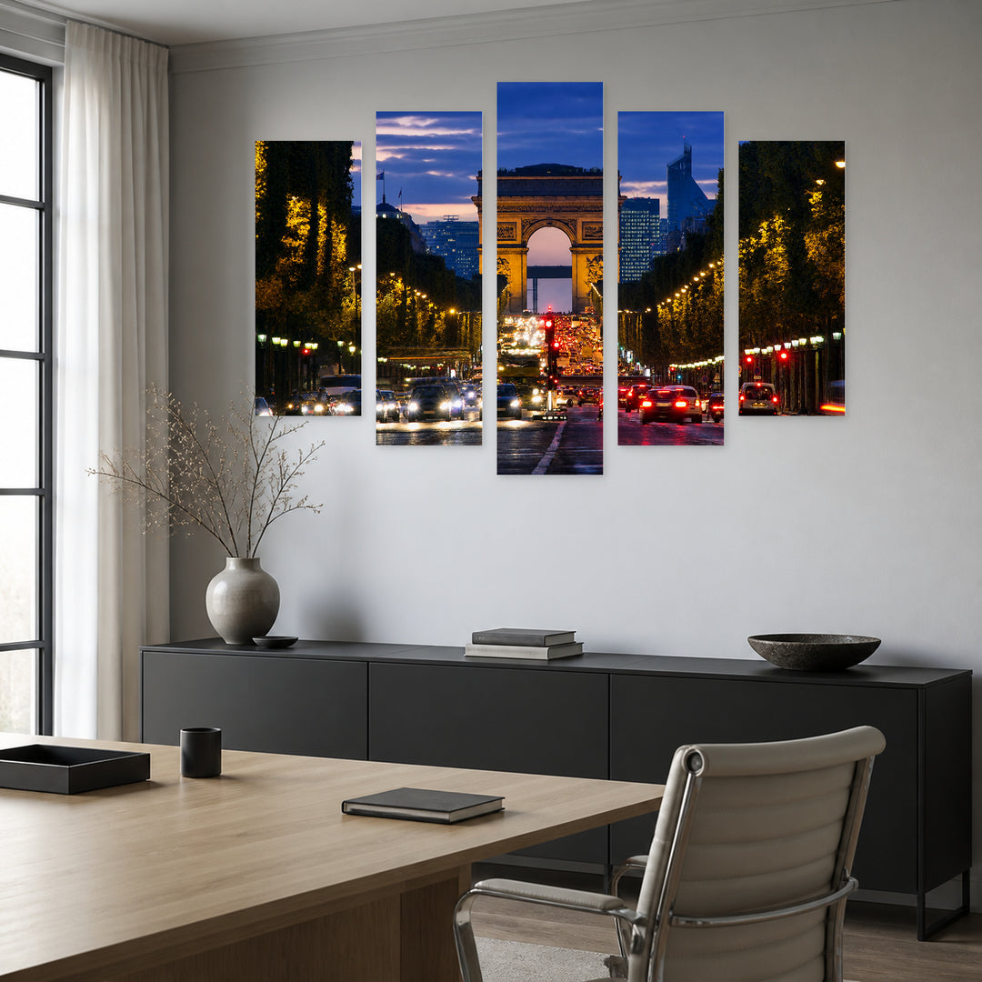 Champs-élysées, Paris in Blue and Gold — five-panel wall art in alternate frontal interior | 5wallart 51151 M4
