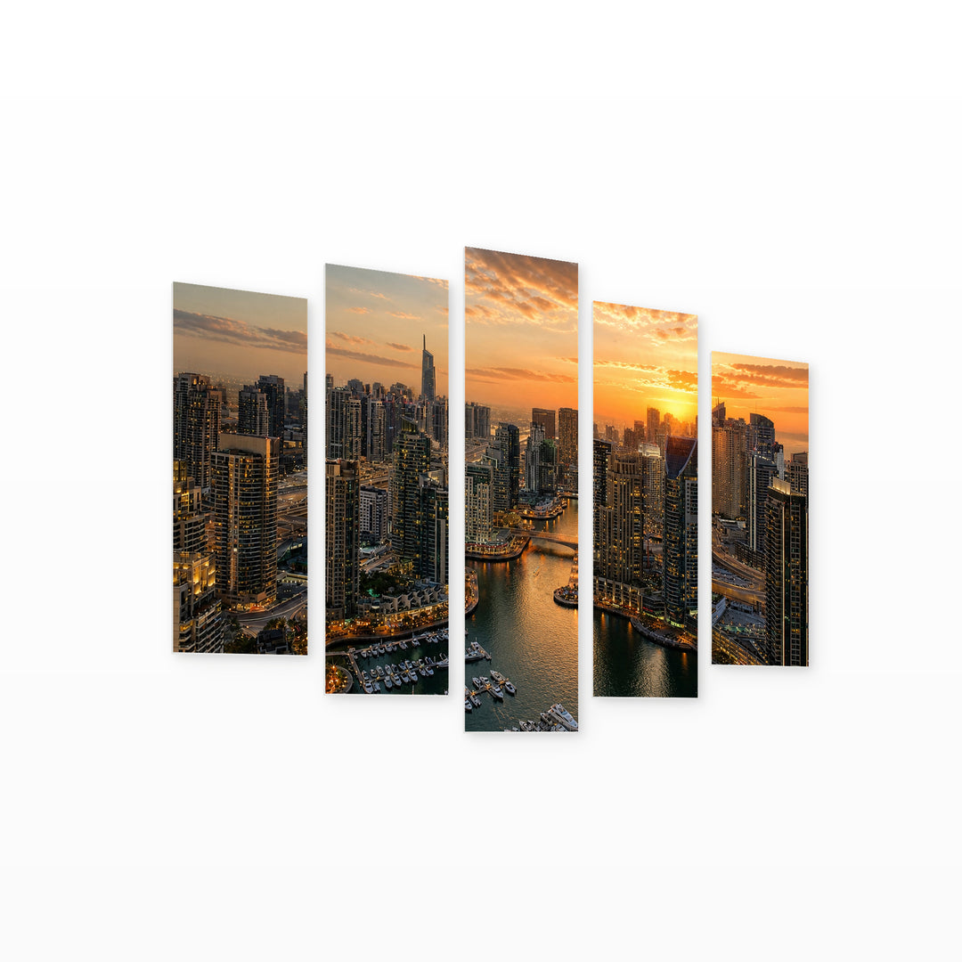 Port in Dubai at Golden Sunset — five-panel wall art on white background in perspective | 5wallart 51154 M1