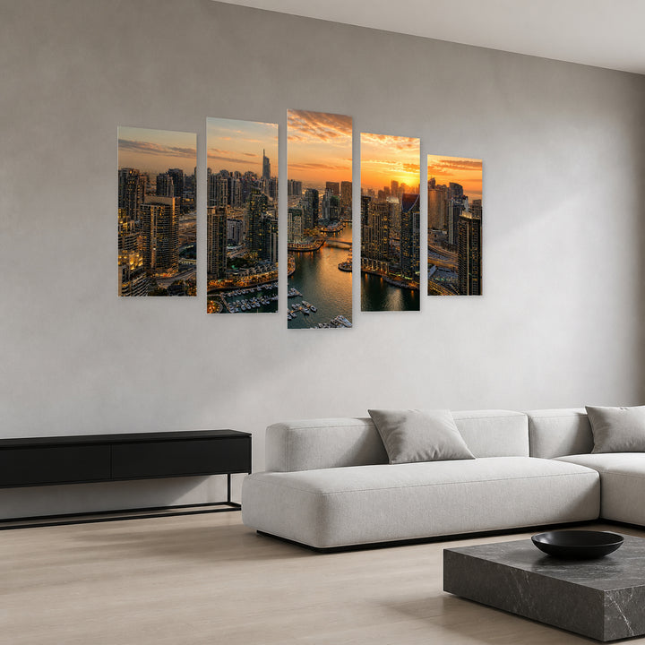Port in Dubai at Golden Sunset — five-panel wall art in perspective interior | 5wallart 51154 M2