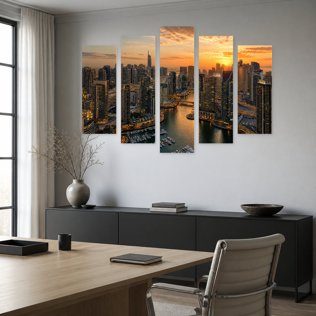 Port in Dubai at Golden Sunset — five-panel wall art in frontal interior | 5wallart 51154 M3