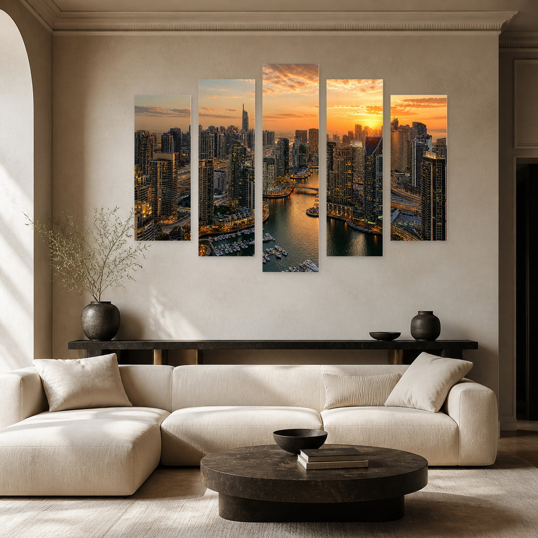 Port in Dubai at Golden Sunset — five-panel wall art in alternate frontal interior | 5wallart 51154 M4