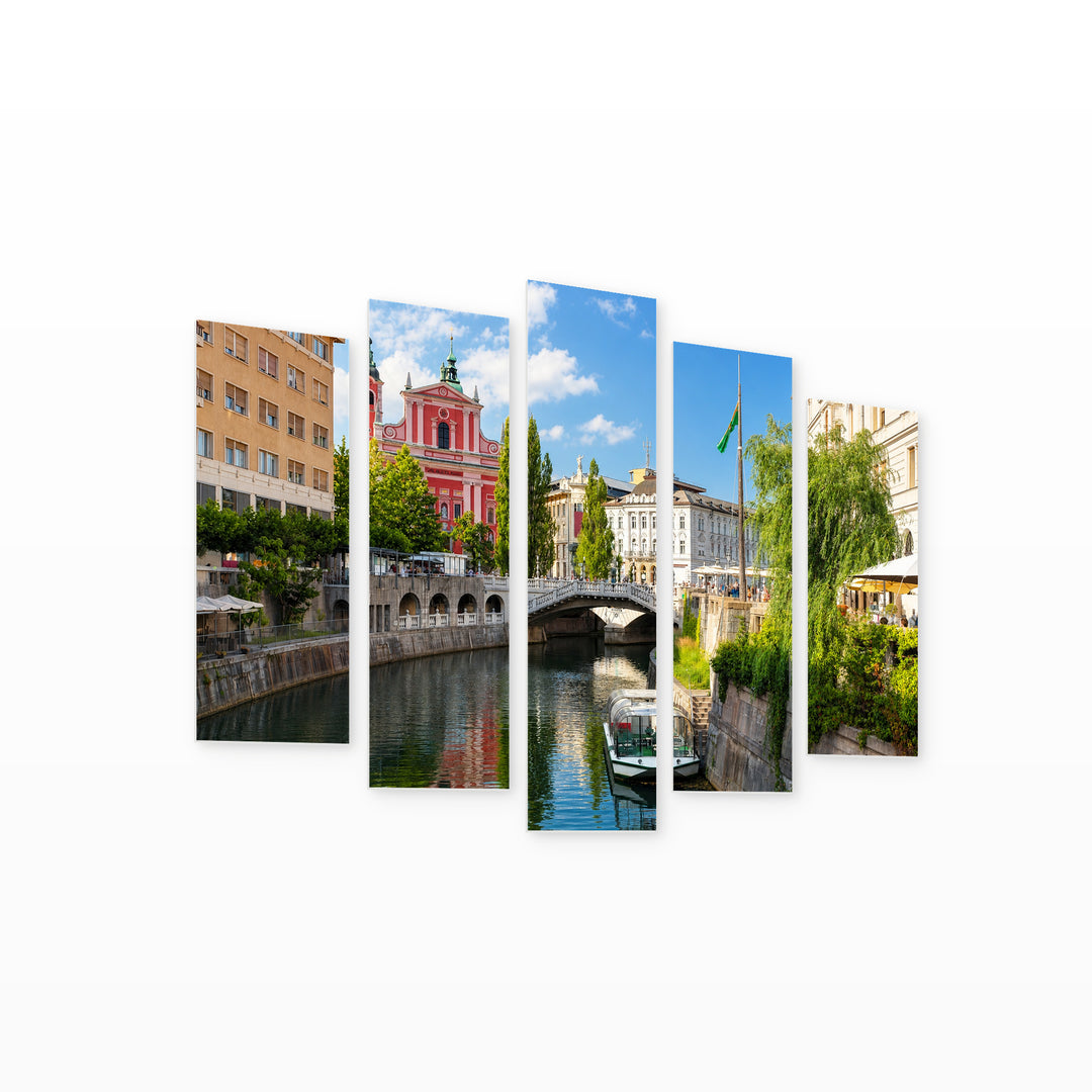 Ljubljana, Slovenia Urban Panorama — five-panel wall art on white background in perspective | 5wallart 51157 M1