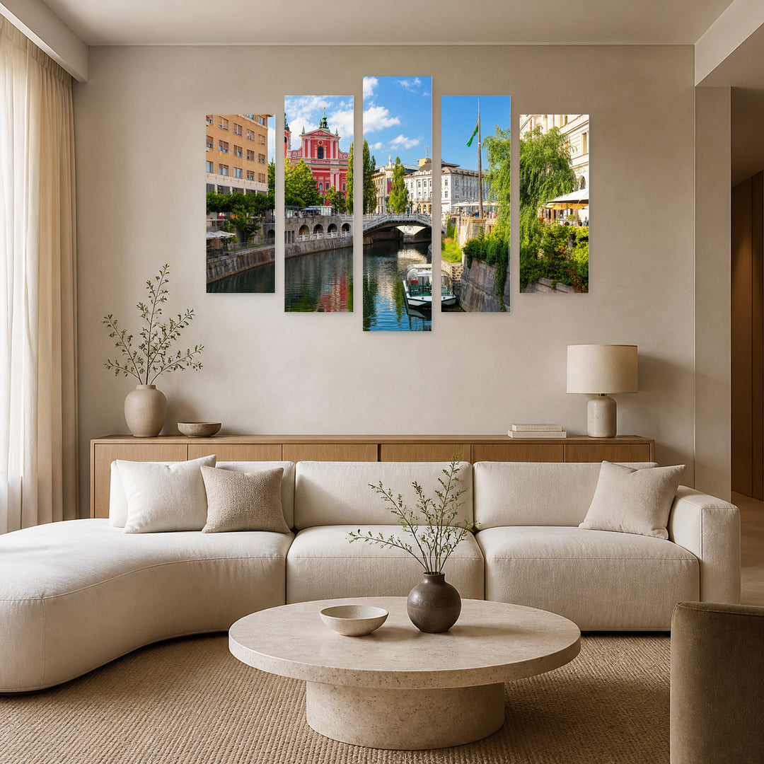 Ljubljana, Slovenia Urban Panorama — five-panel wall art in frontal interior | 5wallart 51157 M3