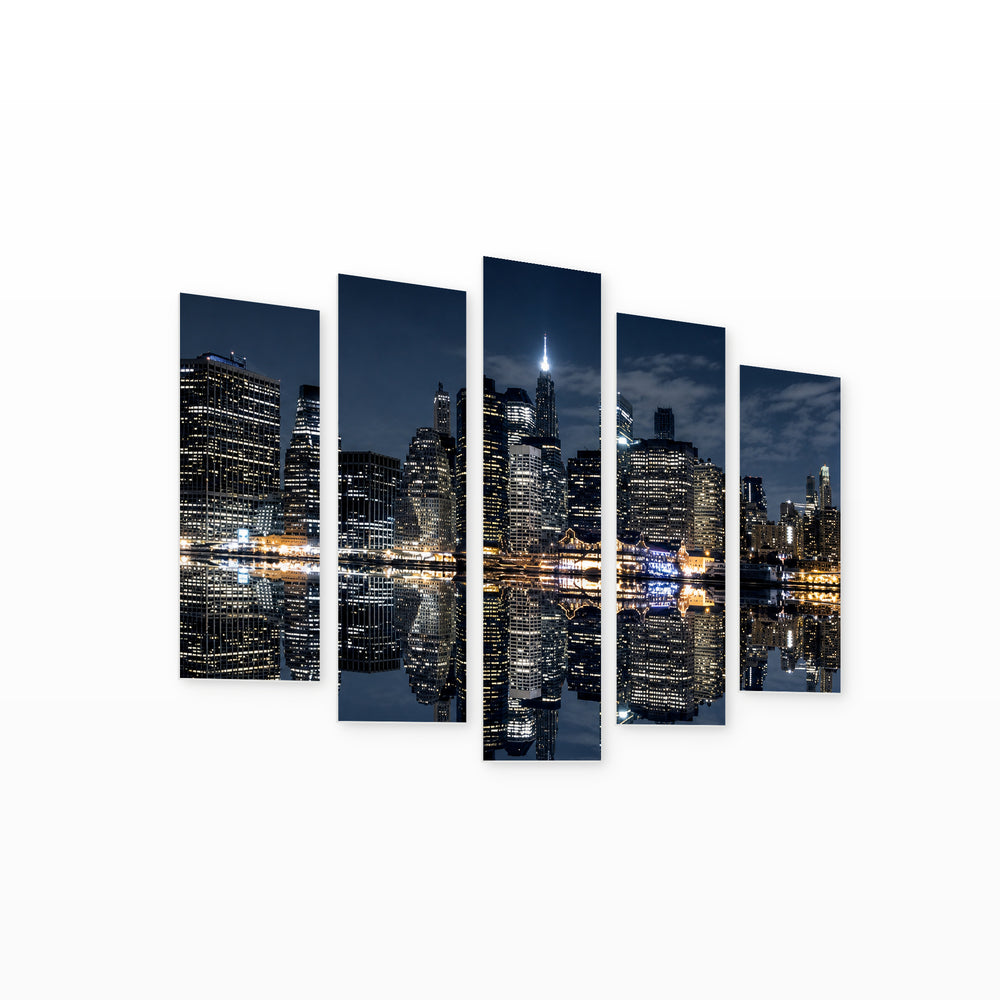 Manhattan After Dark — five-panel wall art on white background in perspective | 5wallart 51160 M1