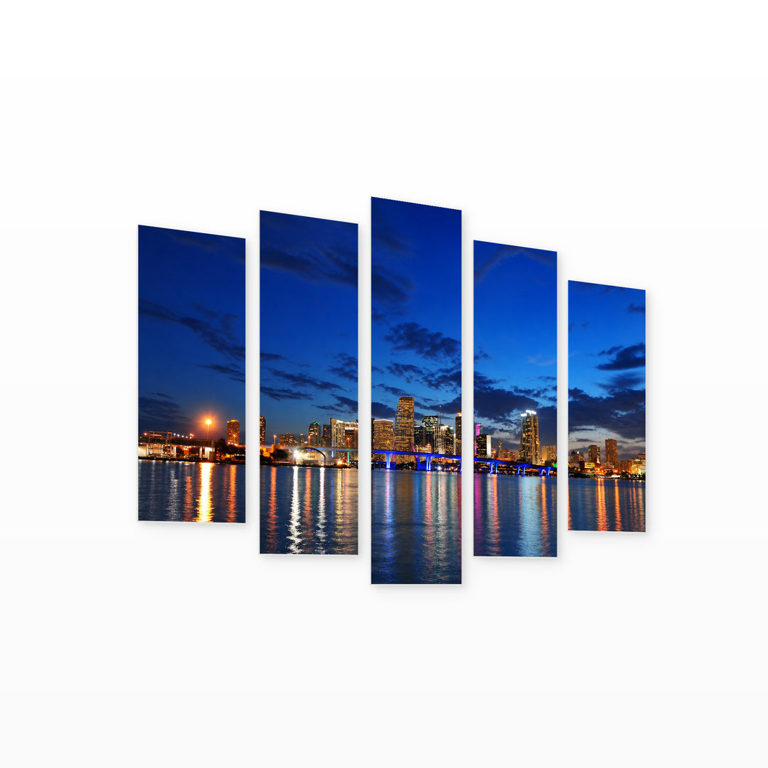 Miami Night Skyline — five-panel wall art on white background in perspective | 5wallart 51164 M1