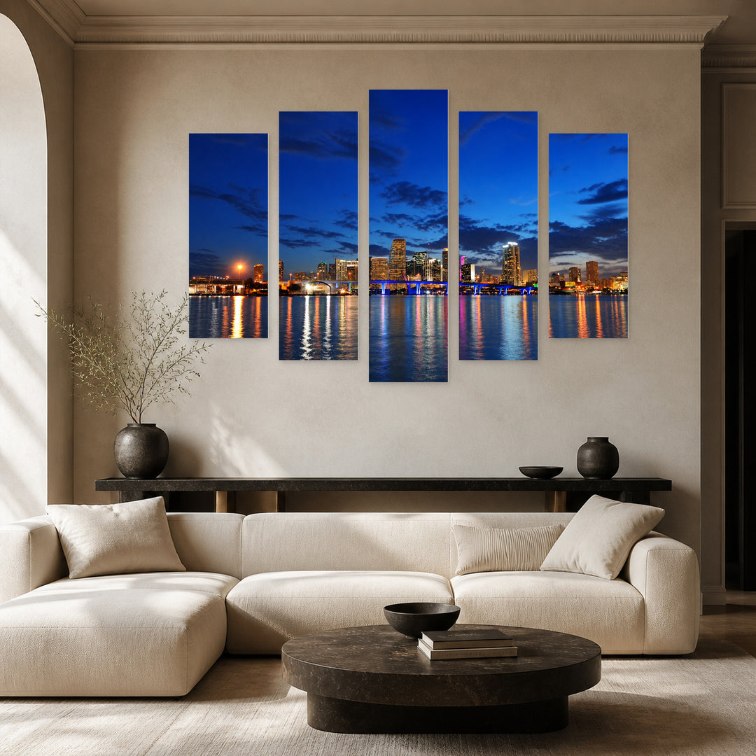 Miami Night Skyline — five-panel wall art in alternate frontal interior | 5wallart 51164 M4