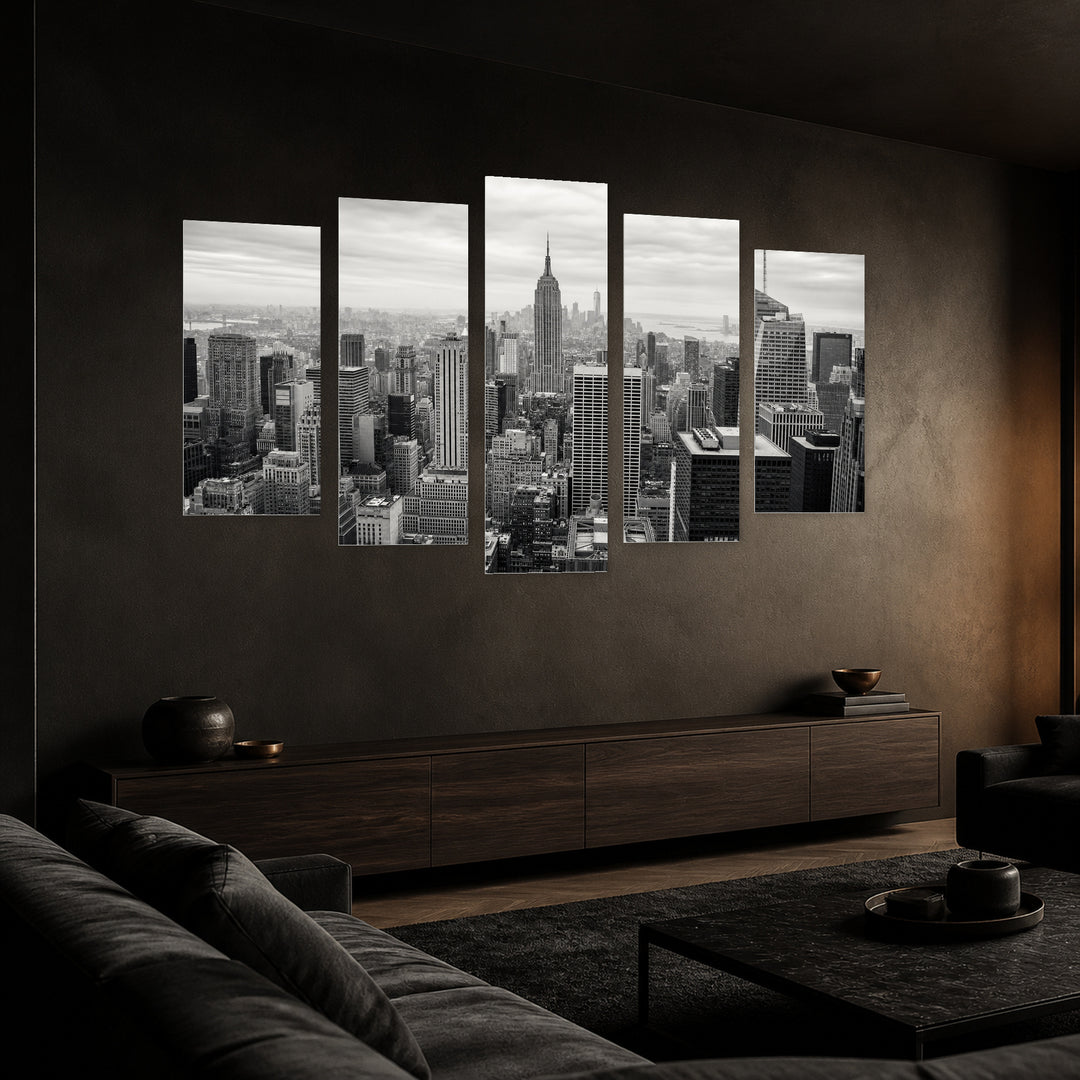 Monochrome New York In — five-panel wall art in perspective interior | 5wallart 51167 M2