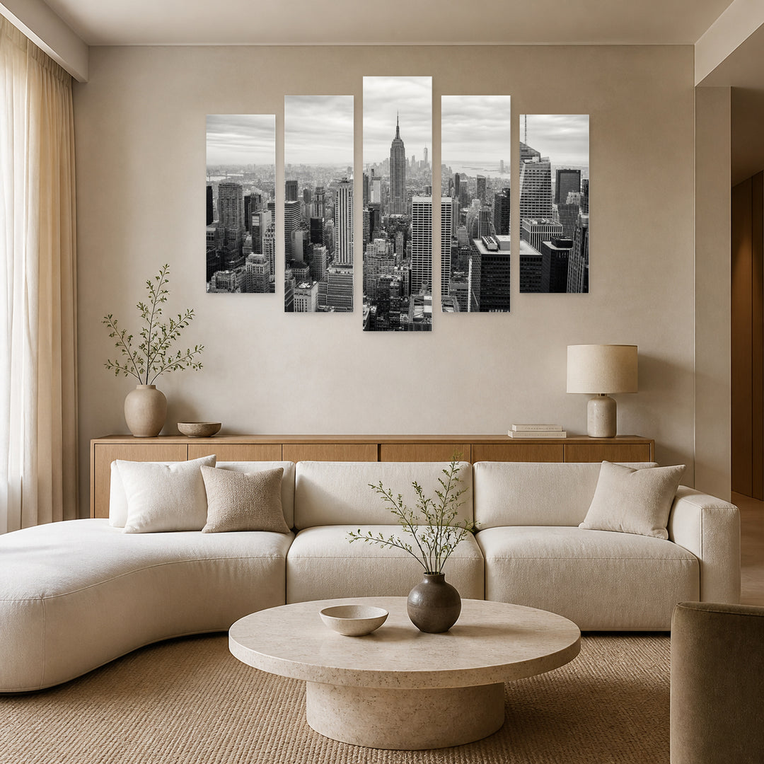 Monochrome New York In — five-panel wall art in frontal interior | 5wallart 51167 M3