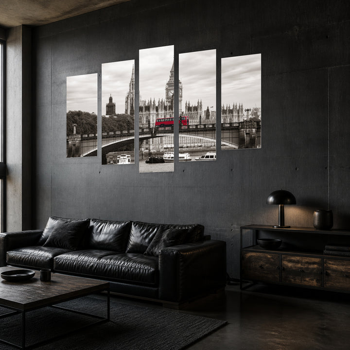 London Monochrome Image in Serene Light — five-panel wall art in perspective interior | 5wallart 51174 M2