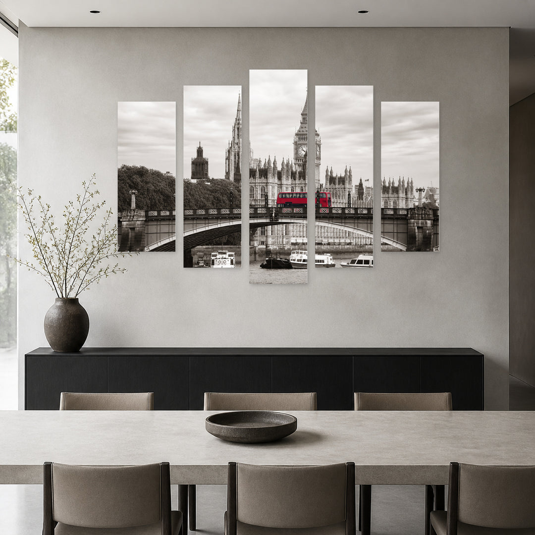 London Monochrome Image in Serene Light — five-panel wall art in frontal interior | 5wallart 51174 M3