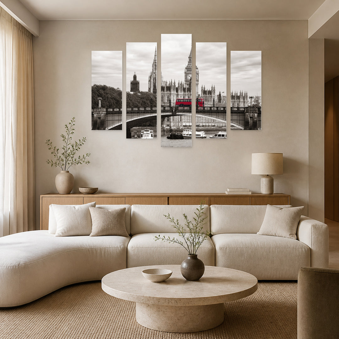 London Monochrome Image in Serene Light — five-panel wall art in alternate frontal interior | 5wallart 51174 M4