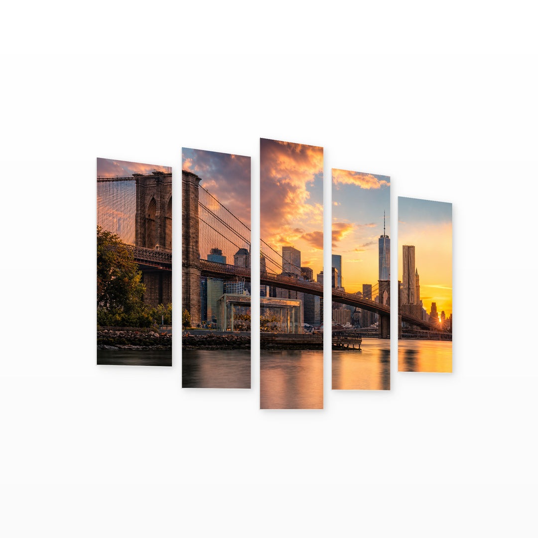 Golden Sunset over Brooklyn Bridge — five-panel wall art on white background in perspective | 5wallart 51177 M1