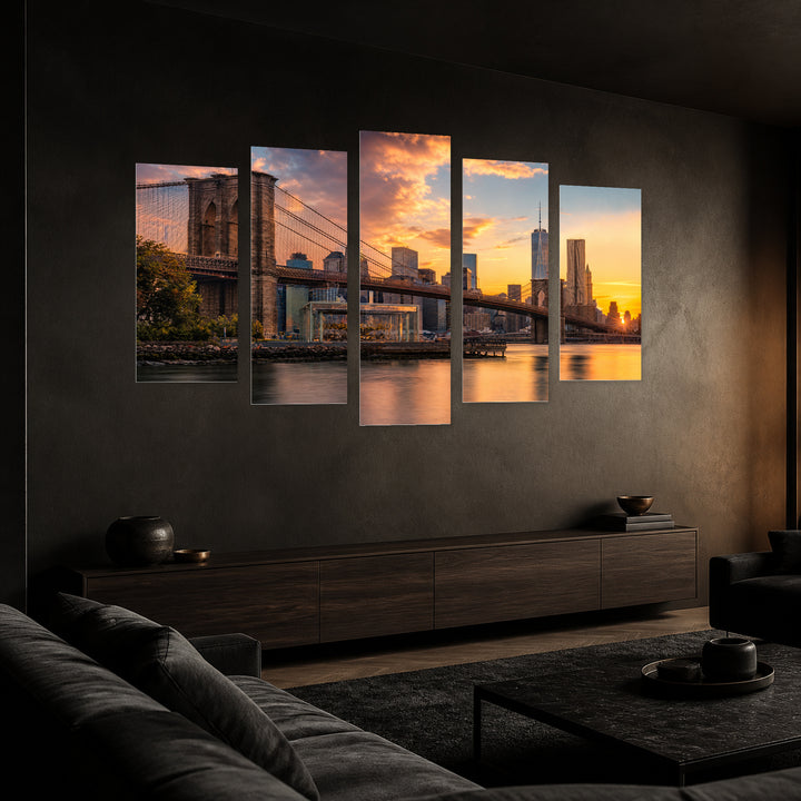 Golden Sunset over Brooklyn Bridge — five-panel wall art in perspective interior | 5wallart 51177 M2