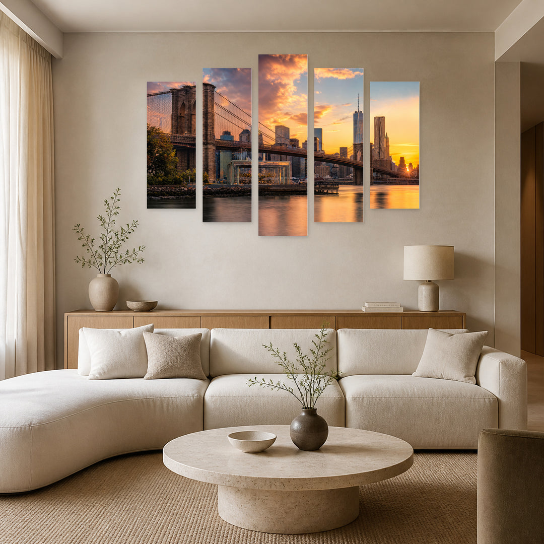 Golden Sunset over Brooklyn Bridge — five-panel wall art in frontal interior | 5wallart 51177 M3