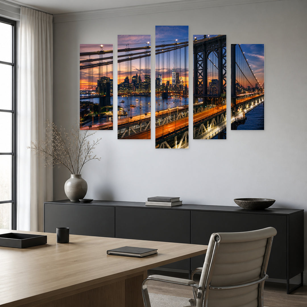 Manhattan, New York with Geometric Rhythm — five-panel wall art in alternate frontal interior | 5wallart 51179 M4