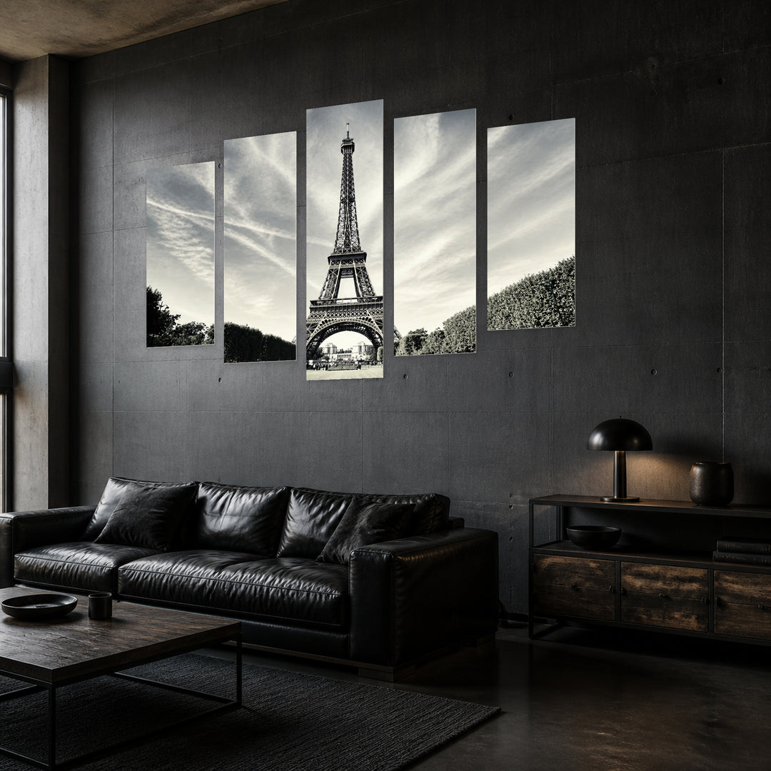 Artistic View of the Eiffel Tower Urban Panorama — five-panel wall art in perspective interior | 5wallart 51182 M2