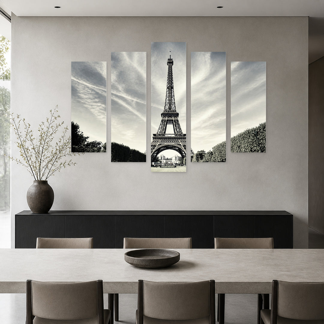 Artistic View of the Eiffel Tower Urban Panorama — five-panel wall art in frontal interior | 5wallart 51182 M3