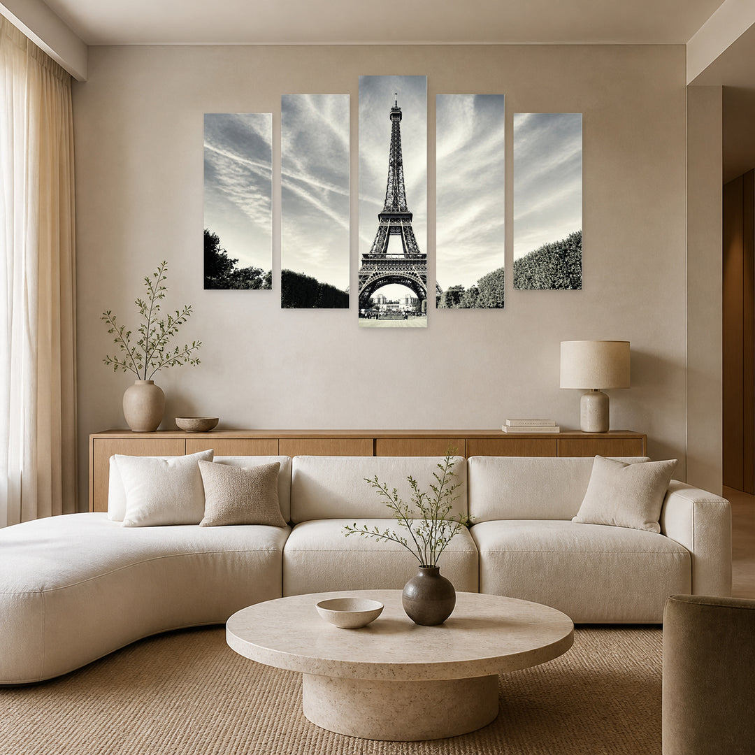 Artistic View of the Eiffel Tower Urban Panorama — five-panel wall art in alternate frontal interior | 5wallart 51182 M4