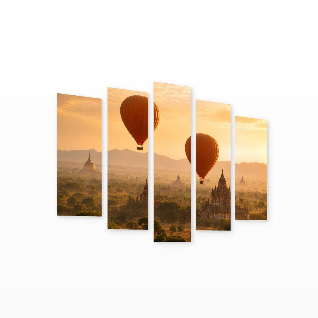 Balloons over Myanmar in Serene Light — five-panel wall art on white background in perspective | 5wallart 51187 M1
